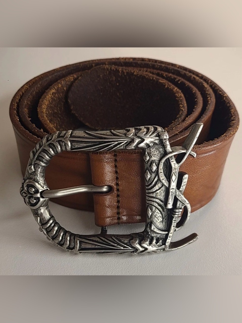 Authentic YSL Saint Laurent Brown Leather Belt with Silver Buckle Size Medium